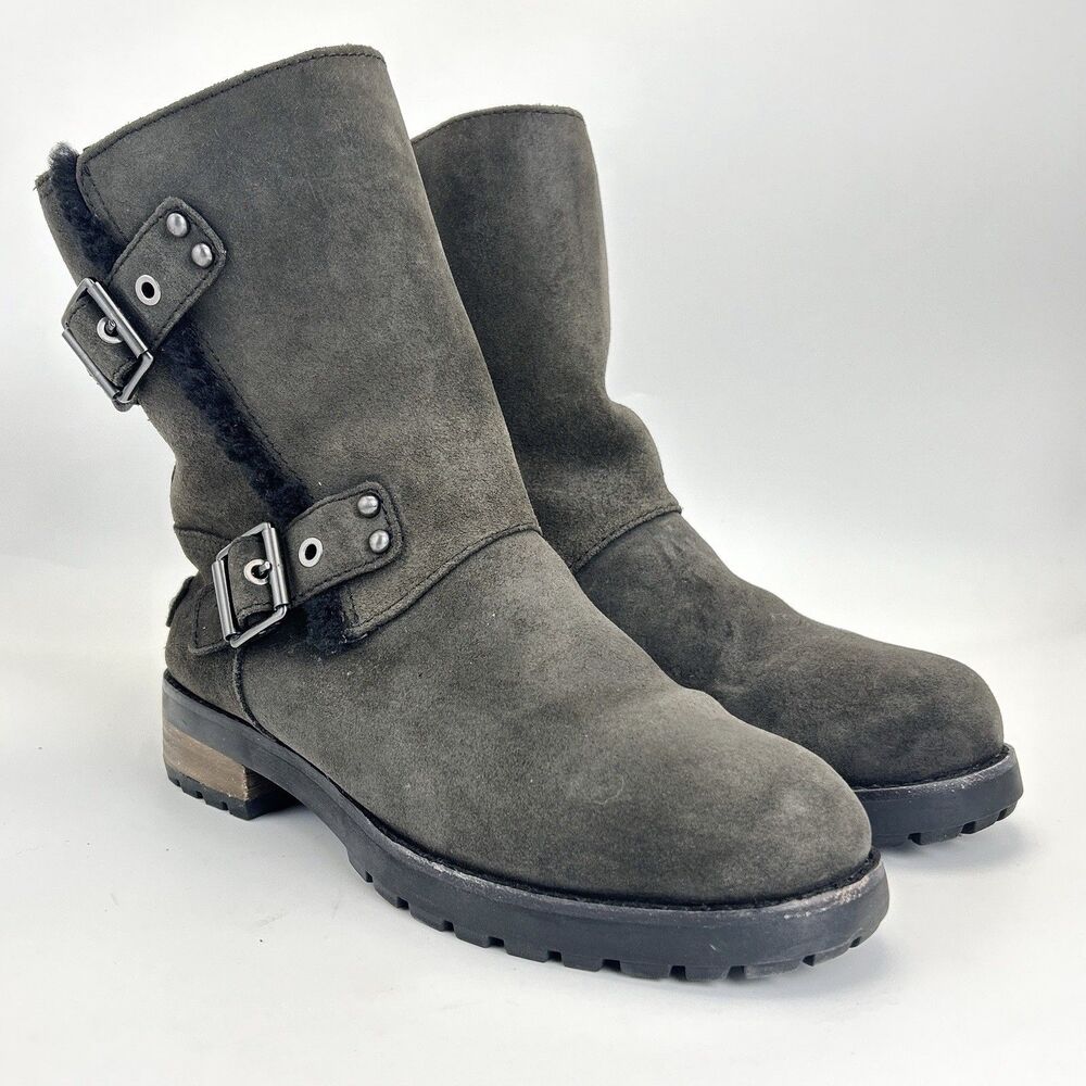 UGG Niels II Boots Womens 7 Black Suede Sheepskin Mid-Calf Zipper Biker 1095130 - Picture 2 of 9
